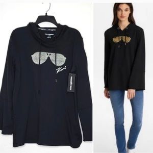 Karl Lagerfeld Black Sunglasses Oversized Hoodie Sweatshirt Bell Sleeves Medium